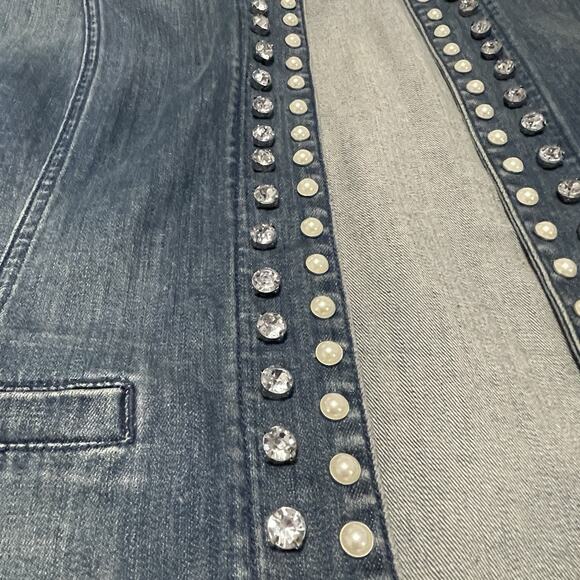 Chicos Platinum Denim Jacket Womens 3 Embellished Open Front Cuff Sleeves Pearls - Picture 4 of 10